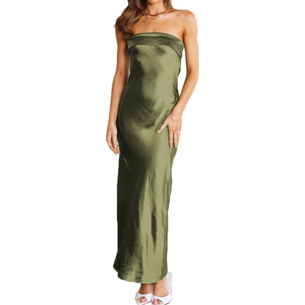 Silk Backless Tube Tops Maxi Dress for Women Low Back Strapless Long Dresses